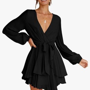 Women's Dress Deep V-Neck Long Sleeve Waist Tie Ruffle Mini Swing Skater Dresses